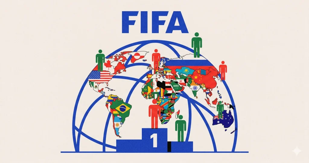 FIFA dünya sıralaması nasıl belirlenir: Dünya haritası üzerinde milli takımları simgeleyen figürler ve ortada birinci kaidesi gösteren hero infografik